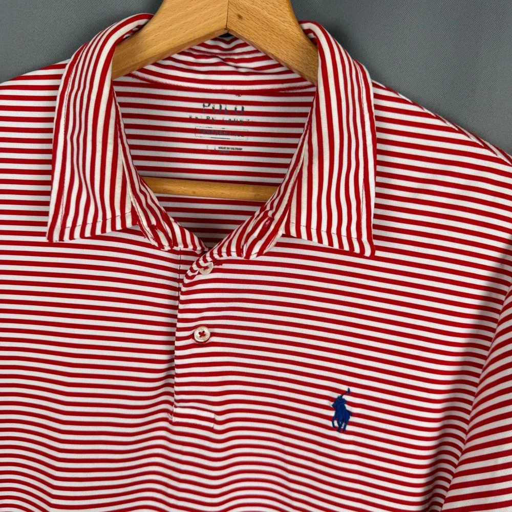 Polo Ralph Lauren Mens Performance Polo Shirt Large Red White Striped Golf Top